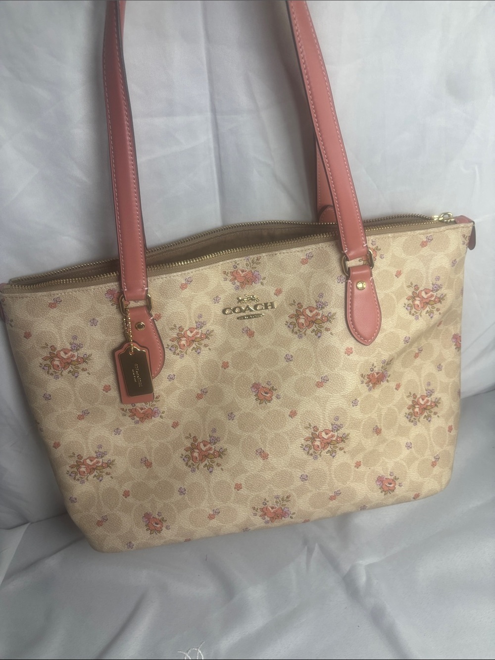 Coach Beige Floral Signature Tote with Pink Trim - Picture 6 of 6